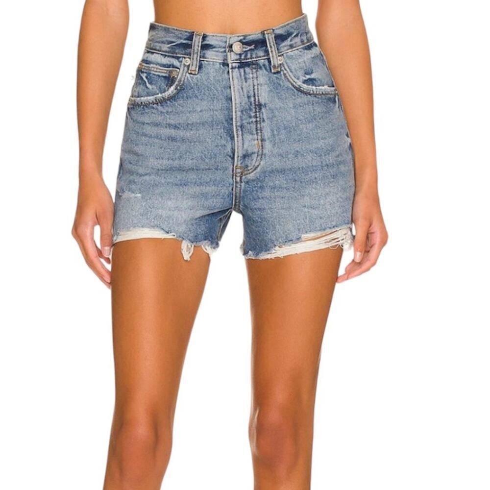 Lovers + Friends High Waisted Distressed Denim Shorts Light Blue Wash Size 24